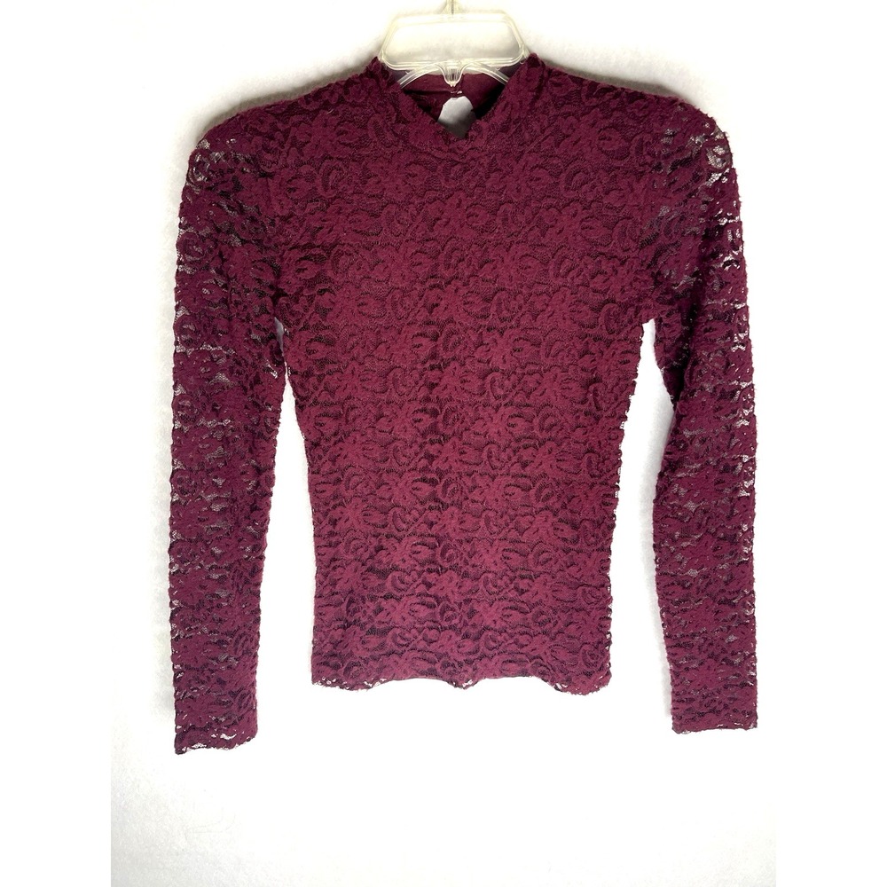 Hollister Floral Lace Top Maroon Size XS keyhole back button see through sleeves